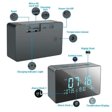 Horloge WiFi avec Mini Caméra HD 1080P et Thermomètre Intégré