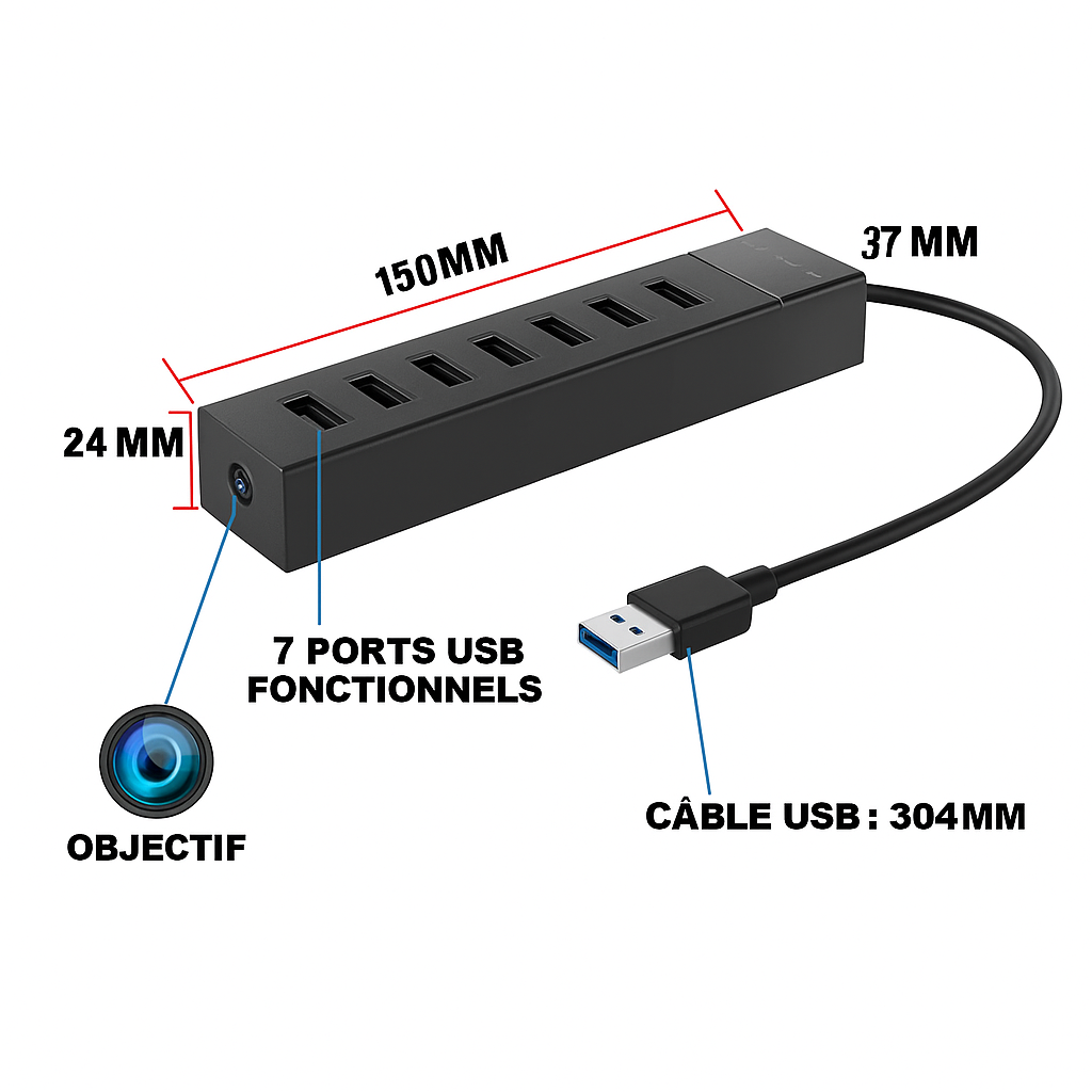 USB HUB 7 Ports avec Caméra WiFi 1080P