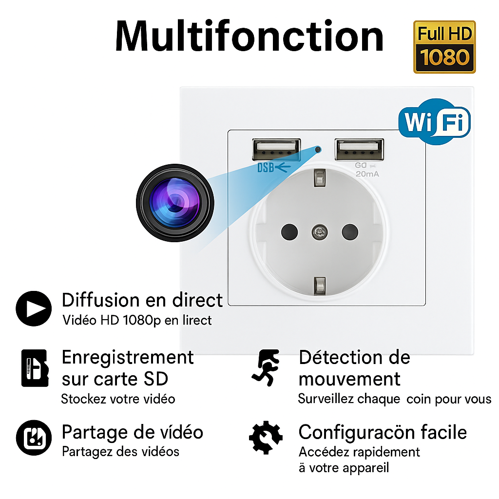 Caméra Murale prise électrique WiFi HD 1080P