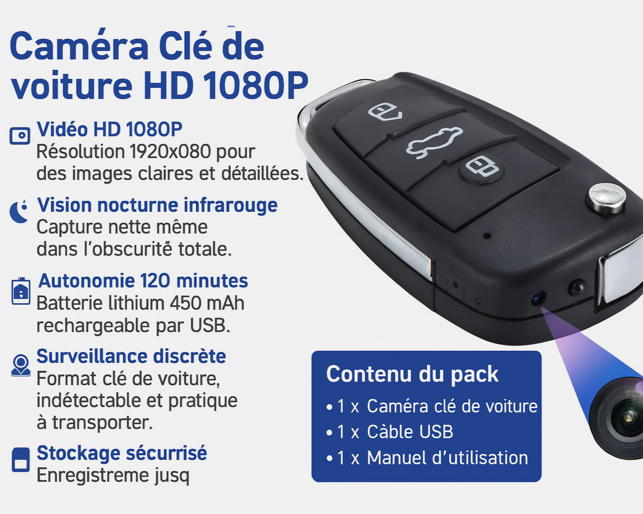 Caméra Clé de Voiture HD 1080P