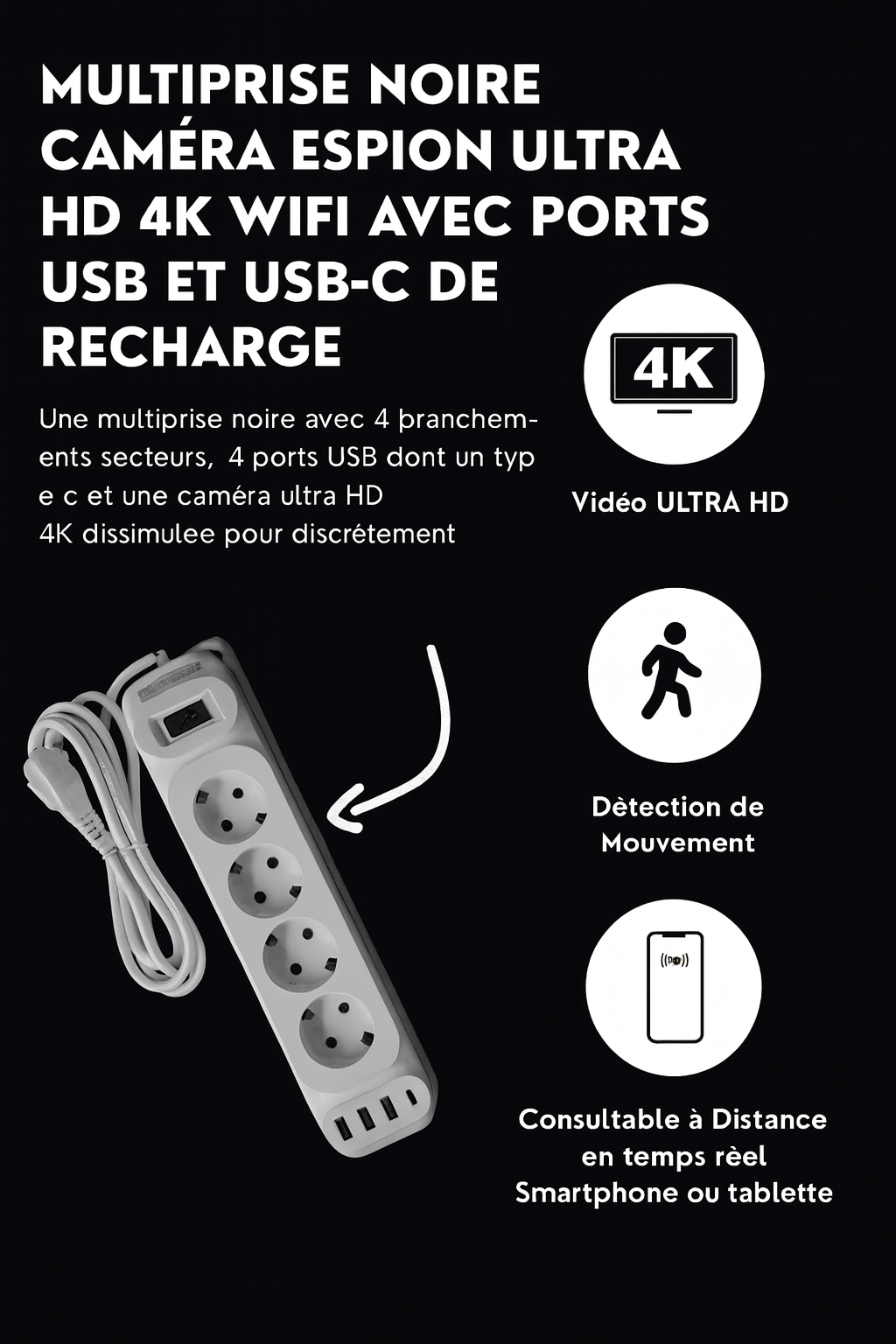 Multiprise avec caméra cachée WiFi (US Standard)