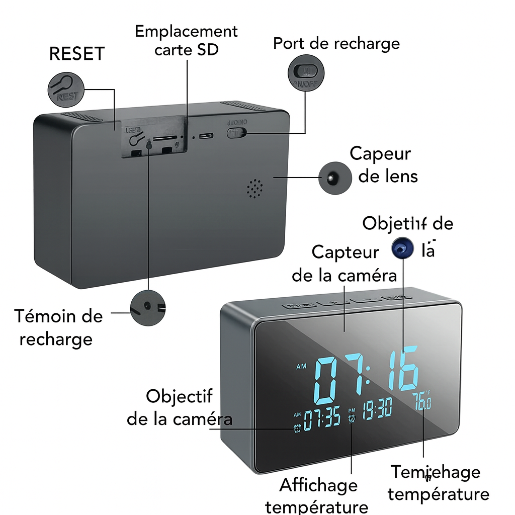Réveil WiFi HD 1080P avec Caméra Caché