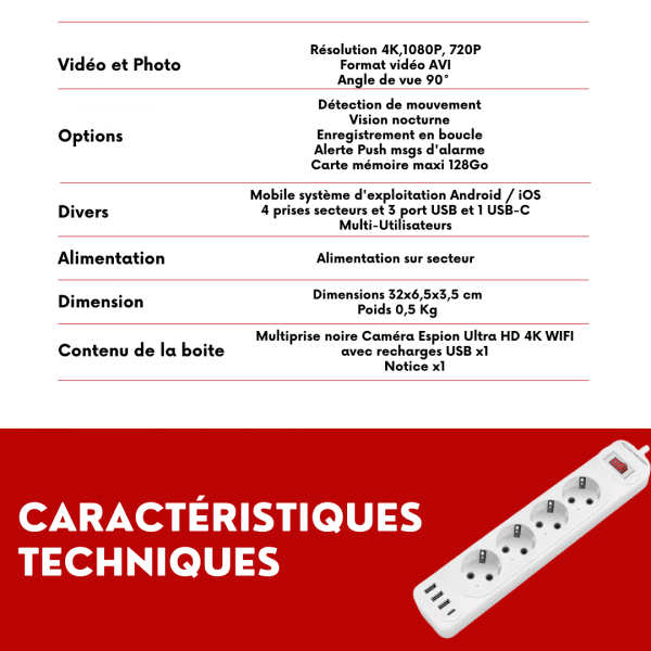 Multiprise avec caméra cachée WiFi (US Standard)
