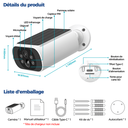Caméra Solaire Extérieure WiFi – 2.5K 4MP, Vision Nocturne Couleur, AI & Batterie Longue Durée